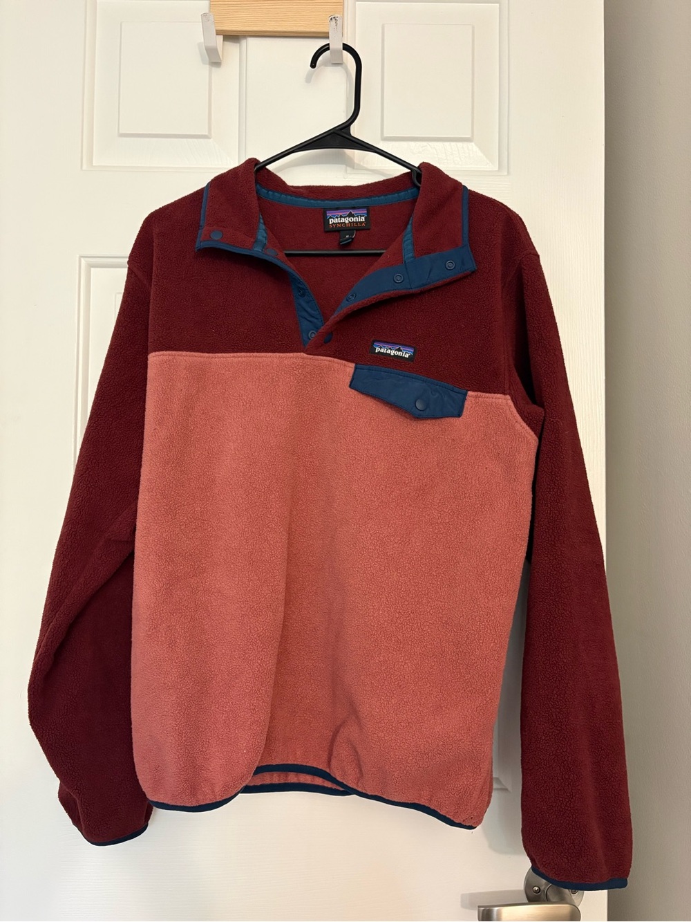 Patagonia Two-Tone Snap Fleece Pullover - Burgundy & Dusty Rose with Navy Trim